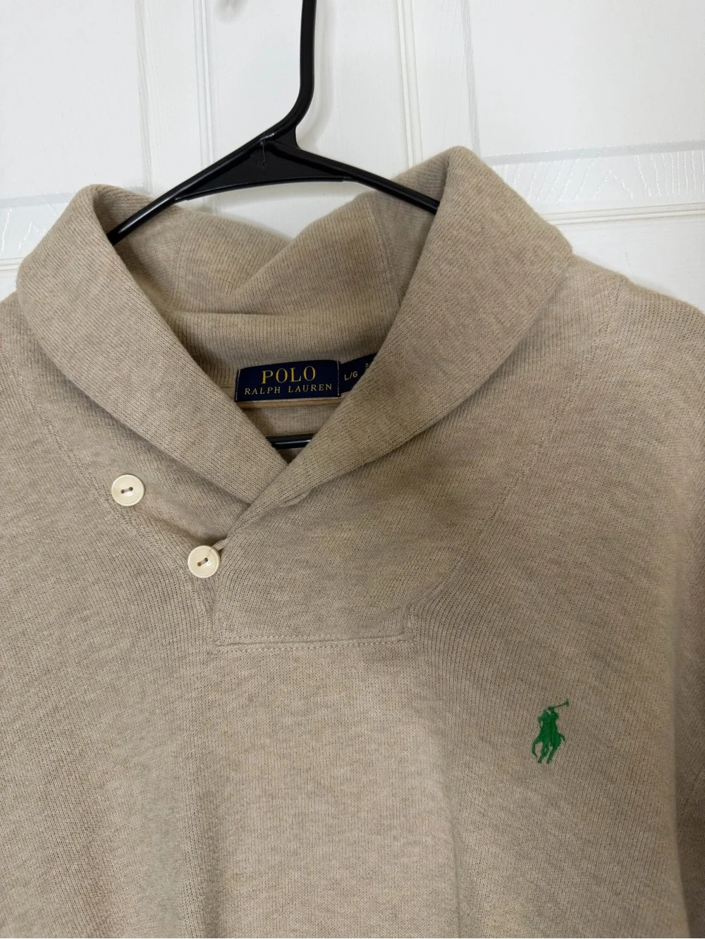 Ralph Lauren Beige V-Neck Shawl Sweater with Green Pony